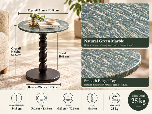 Roman Green Marble & Solid Oak Round Side Table Marmor