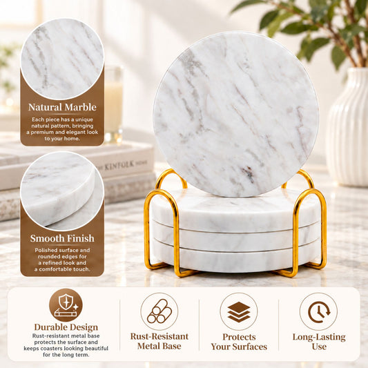 Jazz White Marble Coasters Set of 4 | Natural Stone Drink Coasters with Holder Marmor