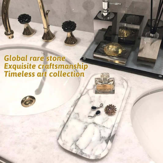 Marmor Real Natural Marble Bathroom Tray for Perfume, Candles, Jewelry Stone Vanity, Bathroom & Kitchen Counter Organizer and Home Decor Statuario White