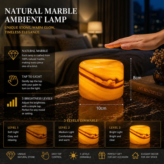 Amber jade natural marble ambient lamp with tap control, three brightness levels, and product dimensions.