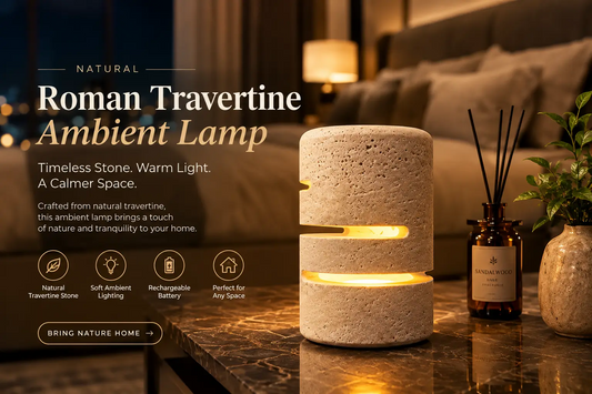 Roman travertine table lamp glowing on a marble bedside table in a cozy bedroom