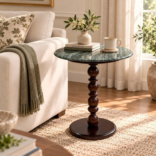 Roman Green Marble & Solid Oak Round Side Table Marmor