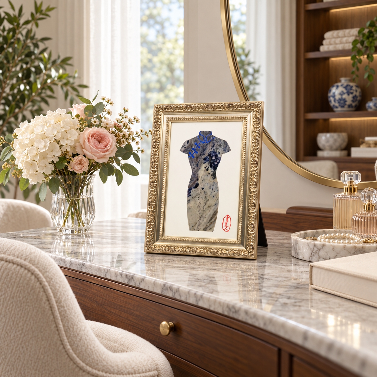 Qipao Cheongsam Natural Marble Mosaic Art Frame | Custom Stone Wall Art Marmor