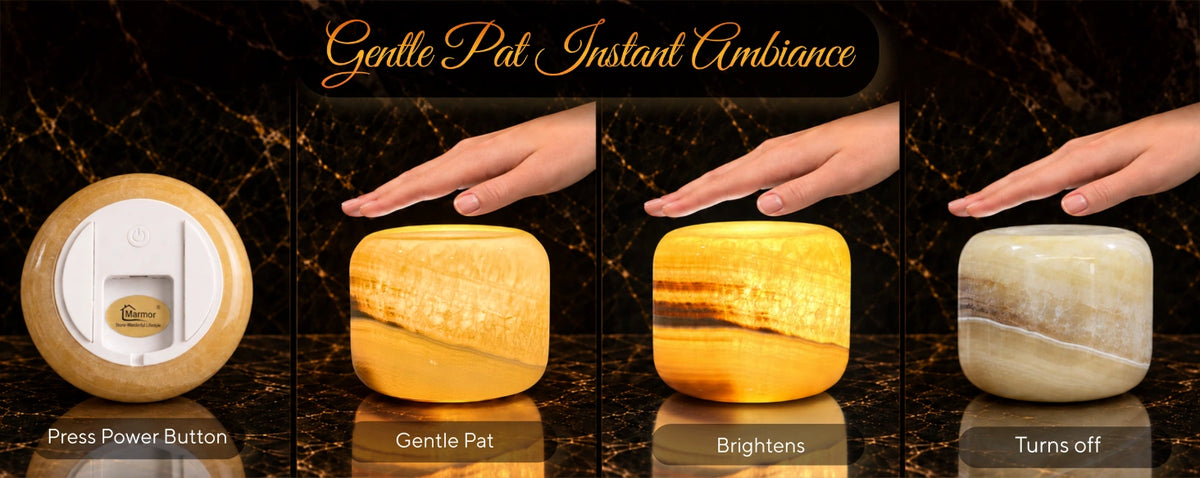 Amber jade marble lamp operation guide showing the power button and gentle pat control for changing the light.