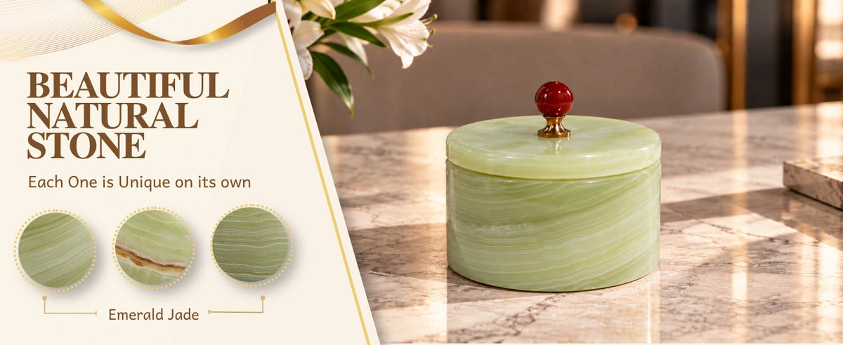 Emerald jade marble jewelry box with a red lid knob, alongside samples showing natural variations in stone color and veining.