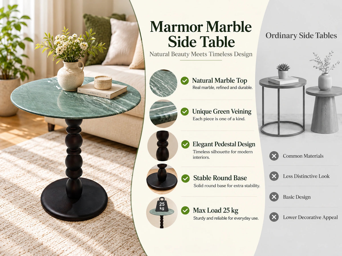 Roman Green Marble & Solid Oak Round Side Table Marmor