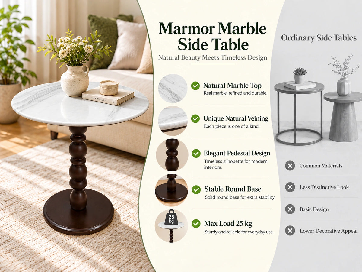 White Natural Marble & Solid Oak Round Side Table Marmor