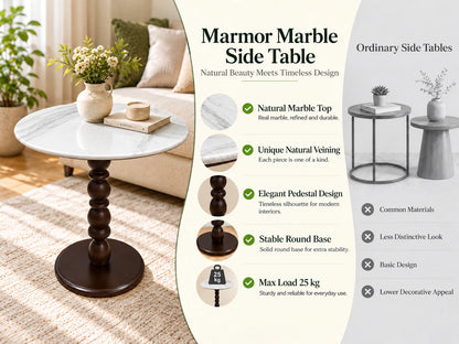 White Natural Marble & Solid Oak Round Side Table Marmor
