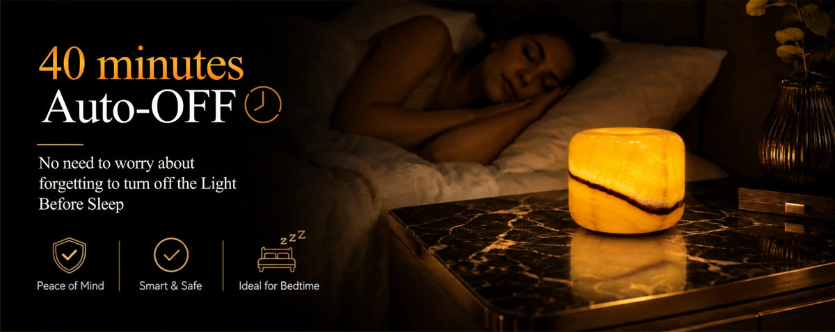 Amber jade marble bedside lamp with a 40-minute automatic shutoff, creating a warm glow before sleep.