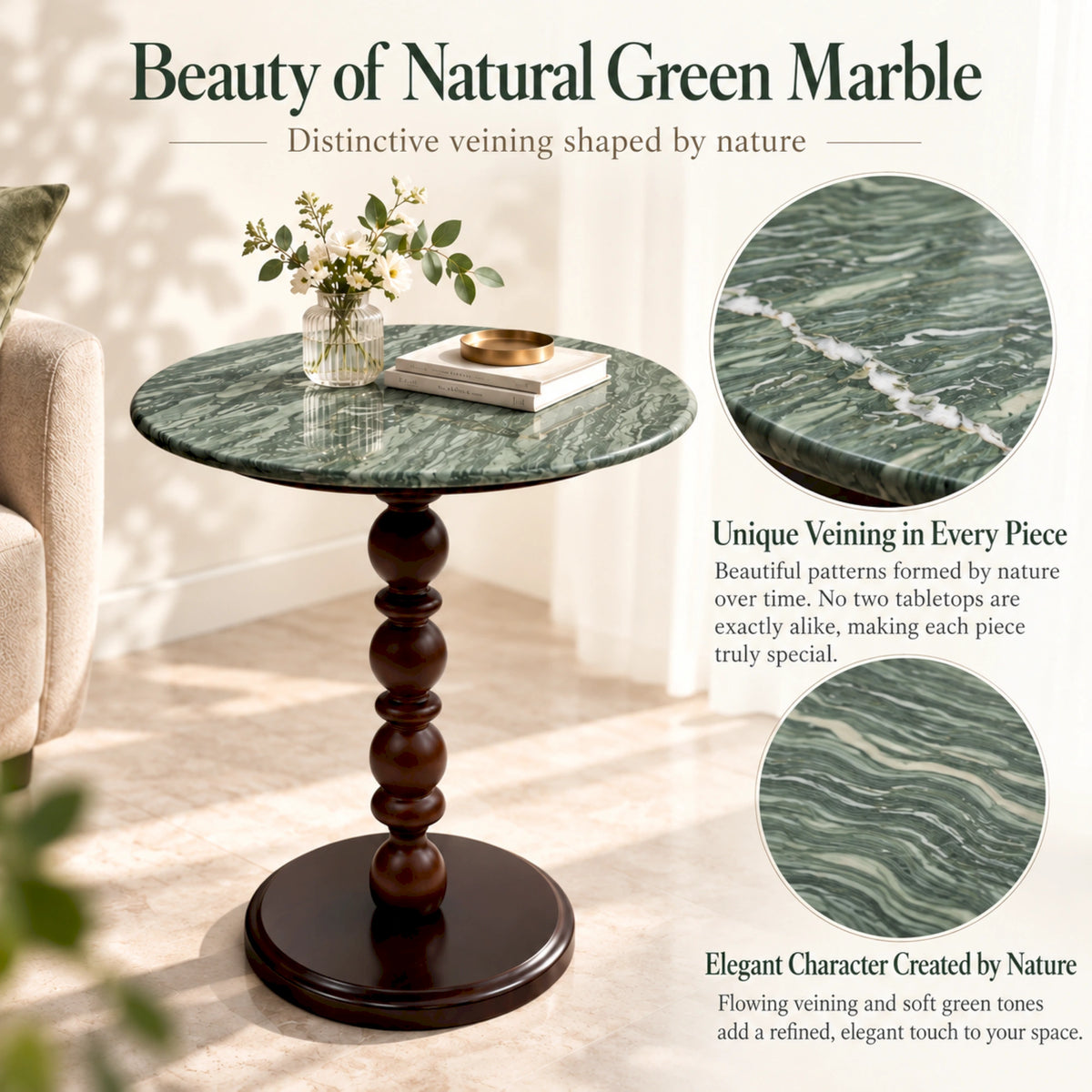 Roman Green Marble & Solid Oak Round Side Table Marmor