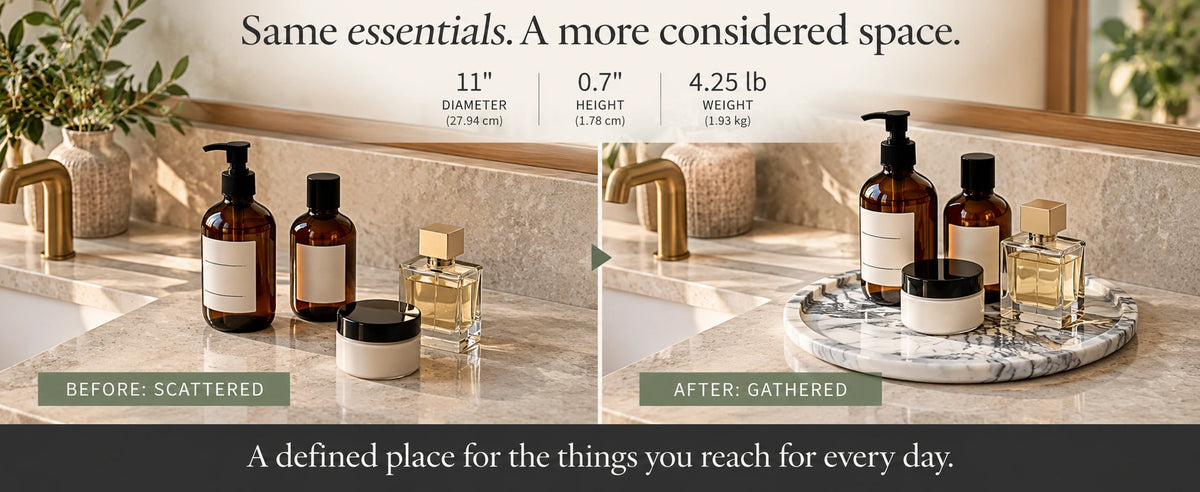 Before-and-after bathroom countertop comparison showing toiletries and perfume neatly grouped on a grey marble round tray.