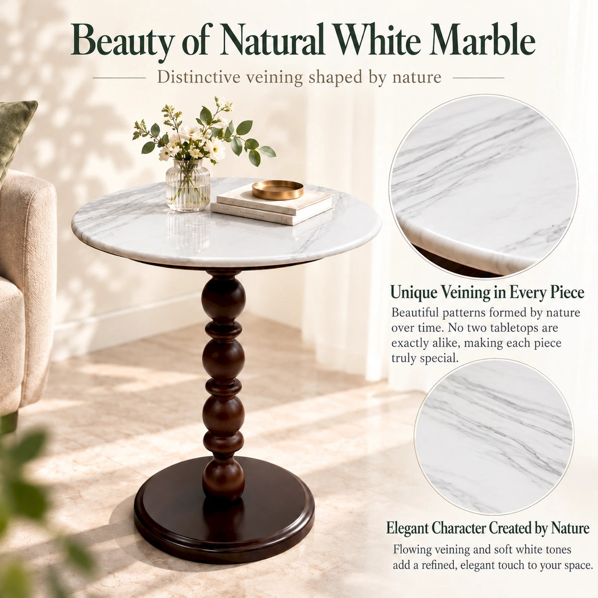 White Natural Marble & Solid Oak Round Side Table Marmor