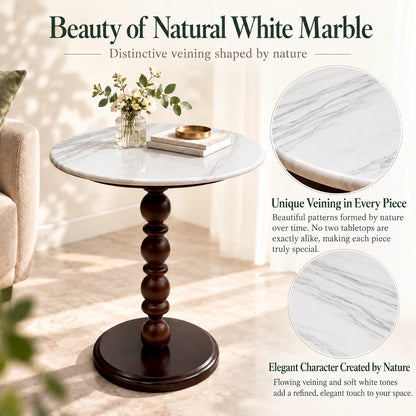 White Natural Marble & Solid Oak Round Side Table Marmor