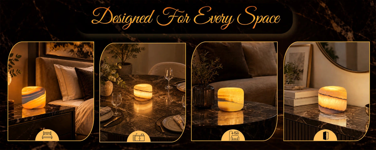 Amber jade marble ambient lamp styled in bedroom, dining room, living room, and entryway settings.