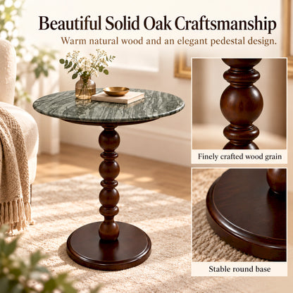 Roman Green Marble & Solid Oak Round Side Table Marmor