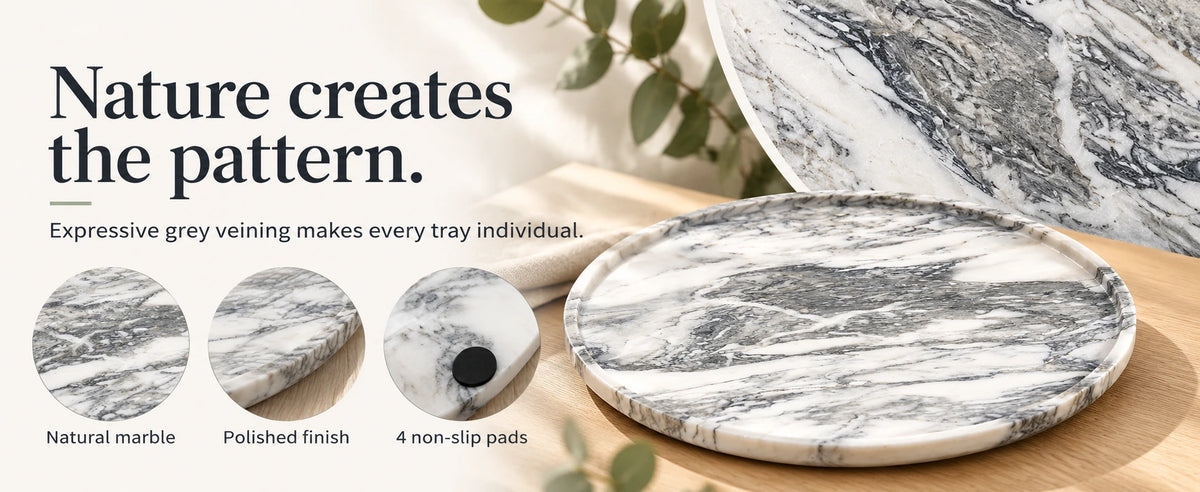 Grey marble round tray with close-ups highlighting natural veining, a polished finish, and four non-slip pads underneath.