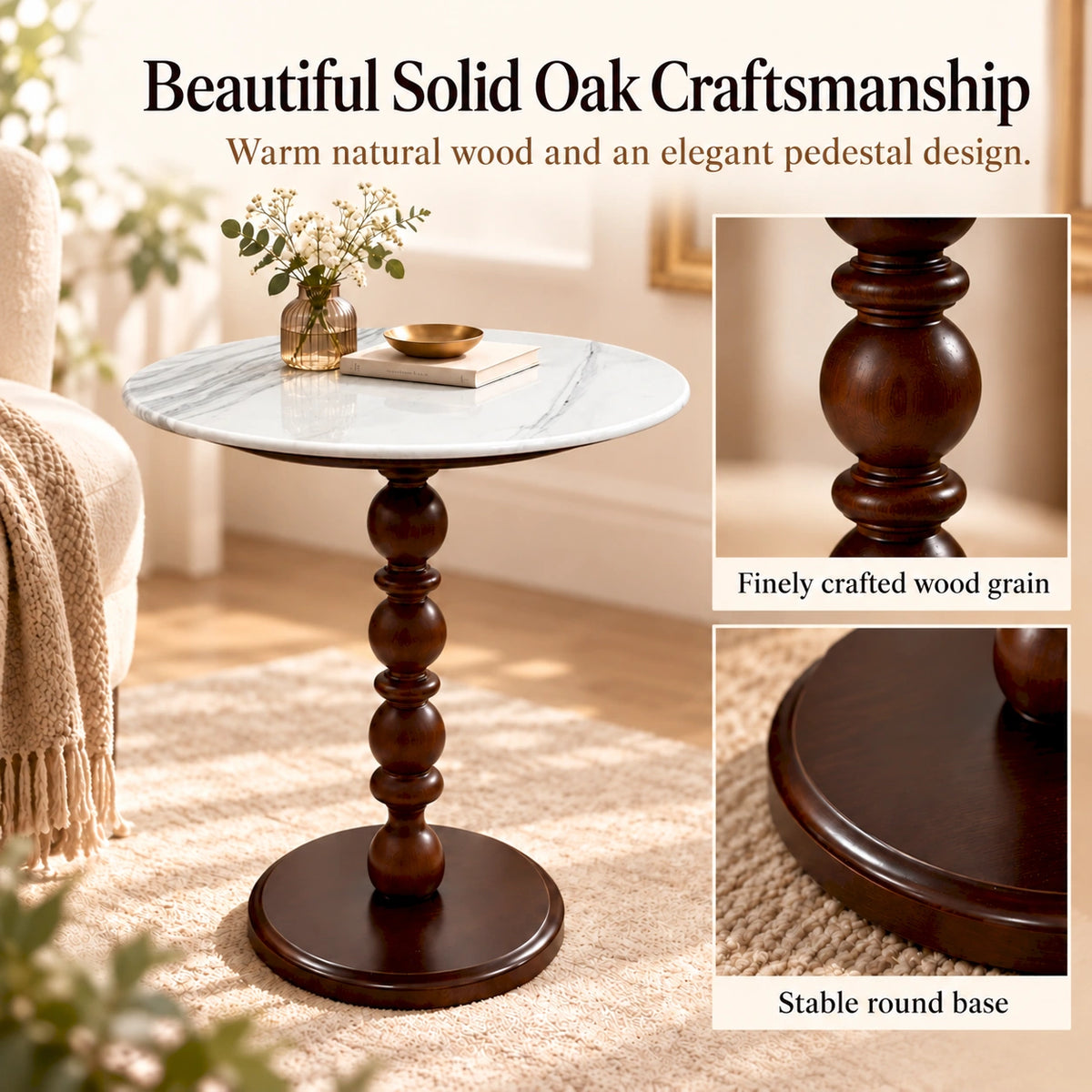 White Natural Marble & Solid Oak Round Side Table Marmor