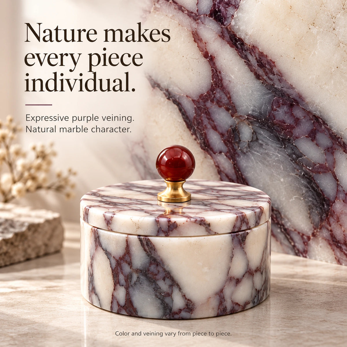 Purple marble jewelry box beside an enlarged stone detail showing distinctive purple veining across a creamy white background.