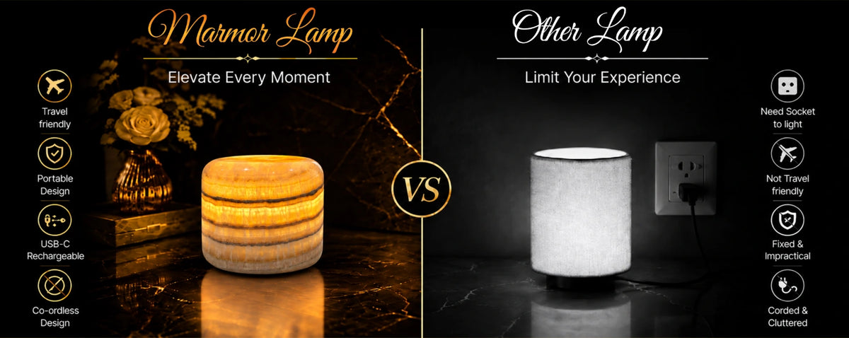 Amber jade cordless marble lamp compared with a conventional corded table lamp, highlighting portable USB-C rechargeable convenience.