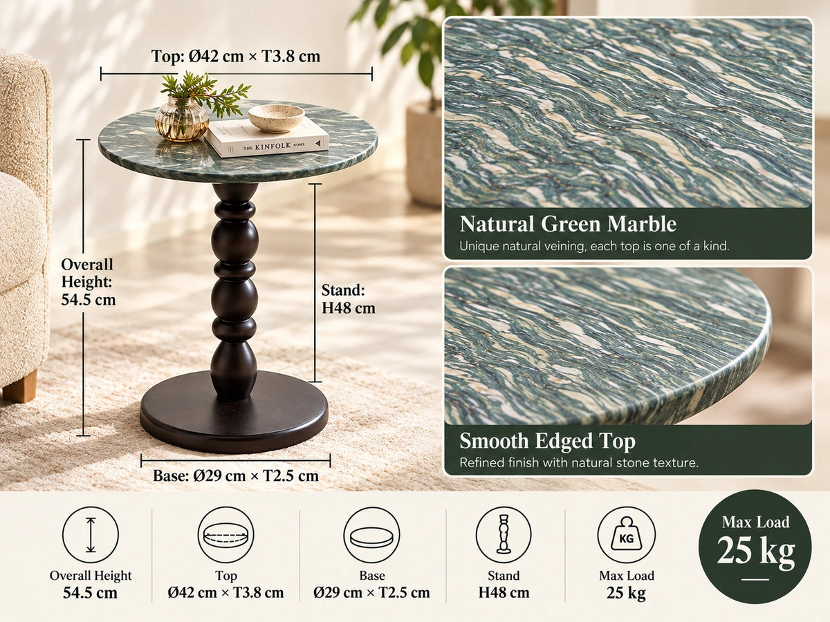 Roman Green Marble & Solid Oak Round Side Table Marmor