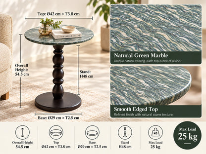 Roman Green Marble & Solid Oak Round Side Table Marmor