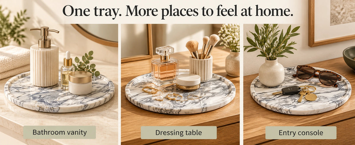 Grey marble round tray organizing toiletries, cosmetics, and keys in bathroom vanity, dressing table, and entryway settings.