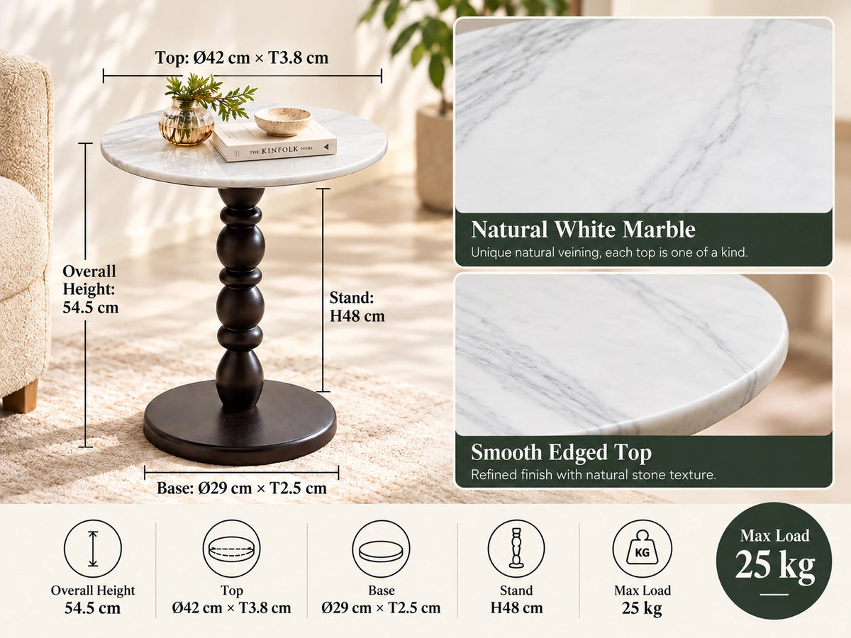 White Natural Marble & Solid Oak Round Side Table Marmor