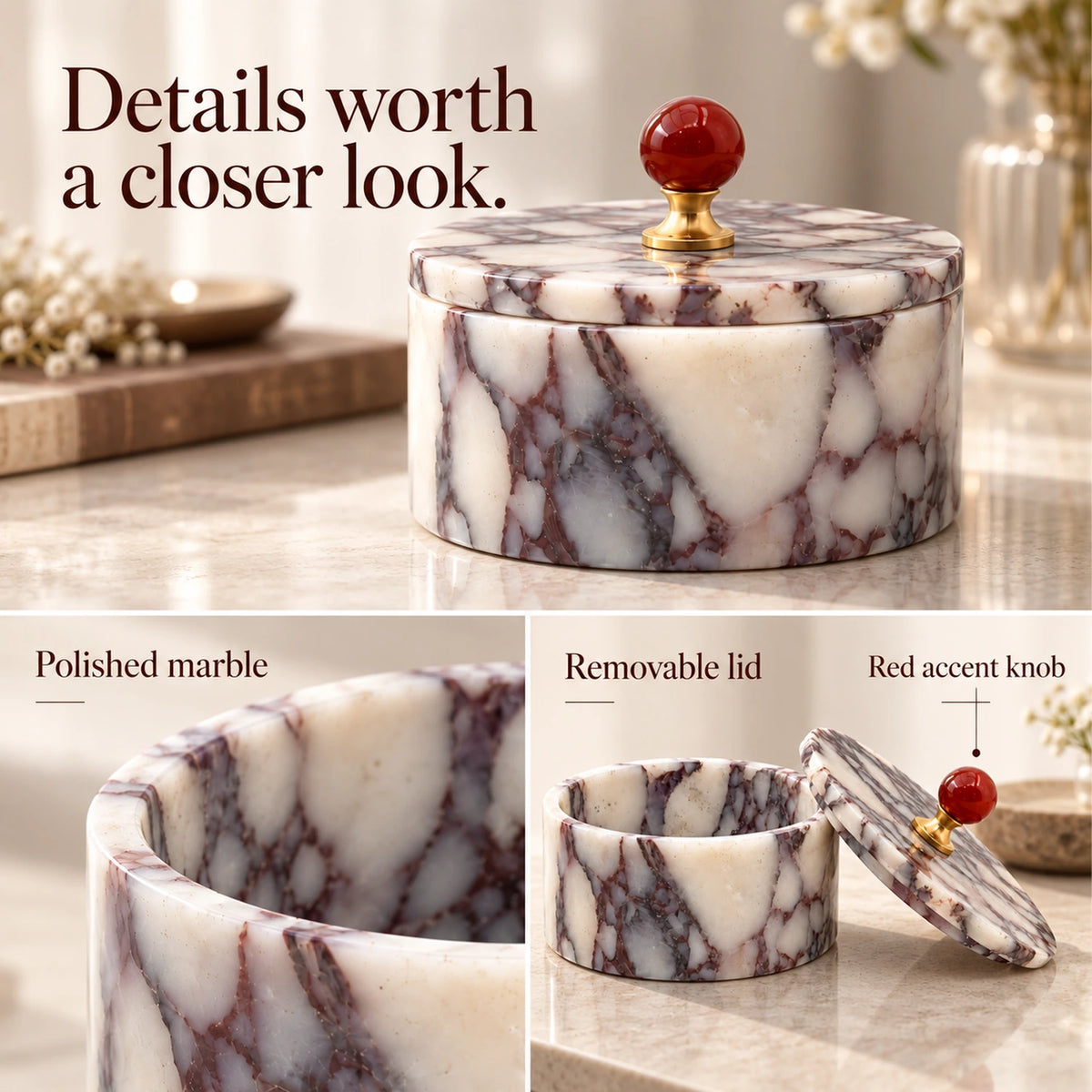 Purple marble jewelry box with close-up views of its polished stone surface, removable lid and red knob with a gold-tone base.