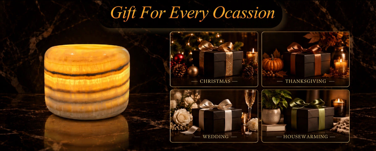 Glowing amber jade marble lamp presented as a gift for Christmas, Thanksgiving, weddings, and housewarmings