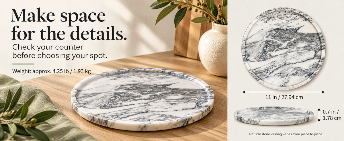 Grey marble round tray size guide showing an 11-inch diameter, 0.7-inch height, and approximate weight of 4.25 pounds.