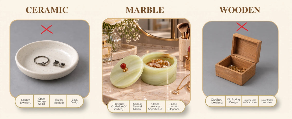 Storage comparison showing a ceramic jewelry dish, a green marble jewelry box with a removable lid and a wooden jewelry box.