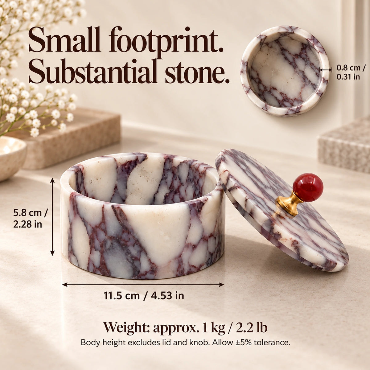 Purple marble jewelry box size guide showing an 11.5 cm diameter, 5.8 cm body height, 0.8 cm wall thickness and approximate 1 kg weight.