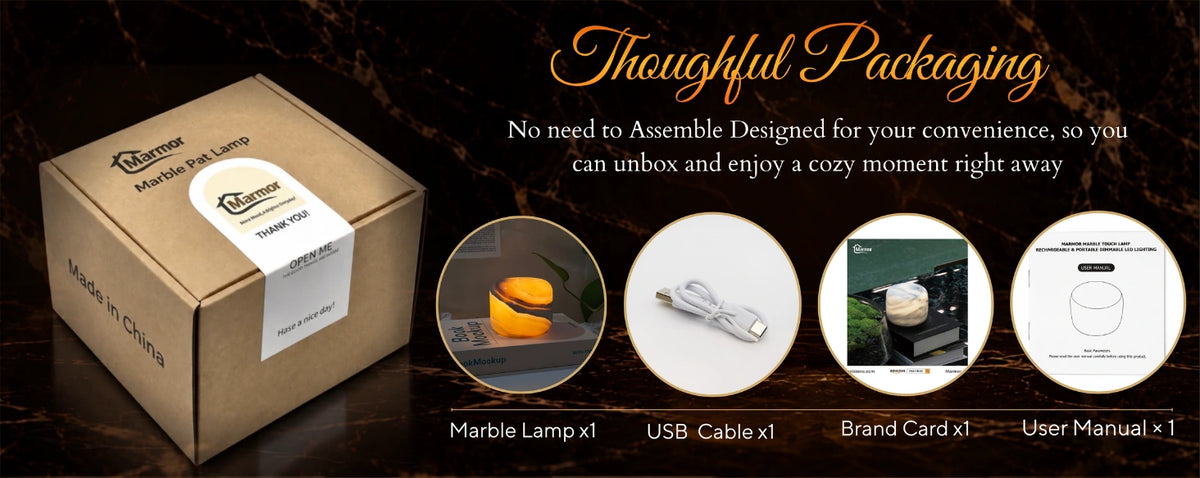 Amber jade marble lamp gift packaging with the rechargeable lamp, USB cable, brand card, and user manual.
