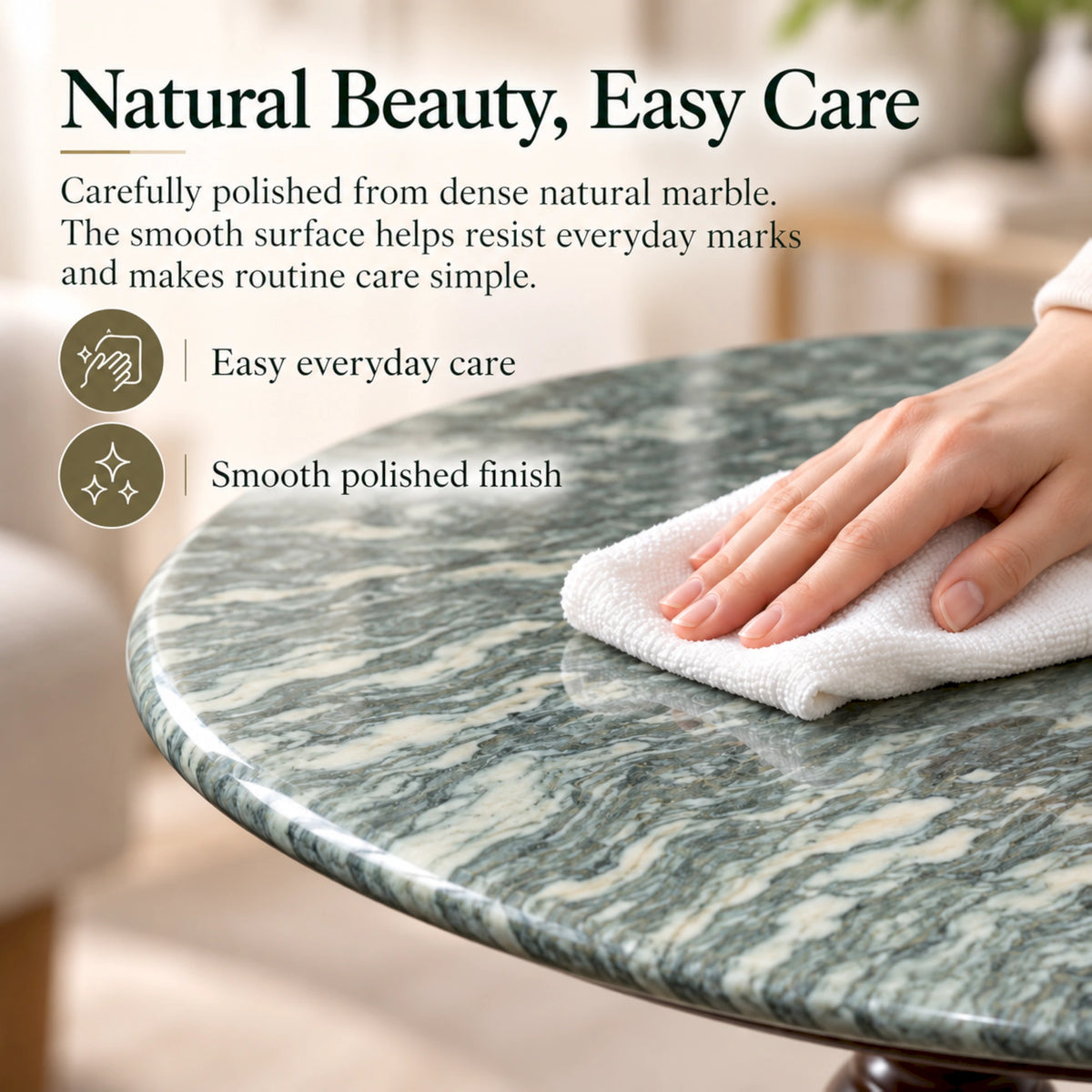 Roman Green Marble & Solid Oak Round Side Table Marmor