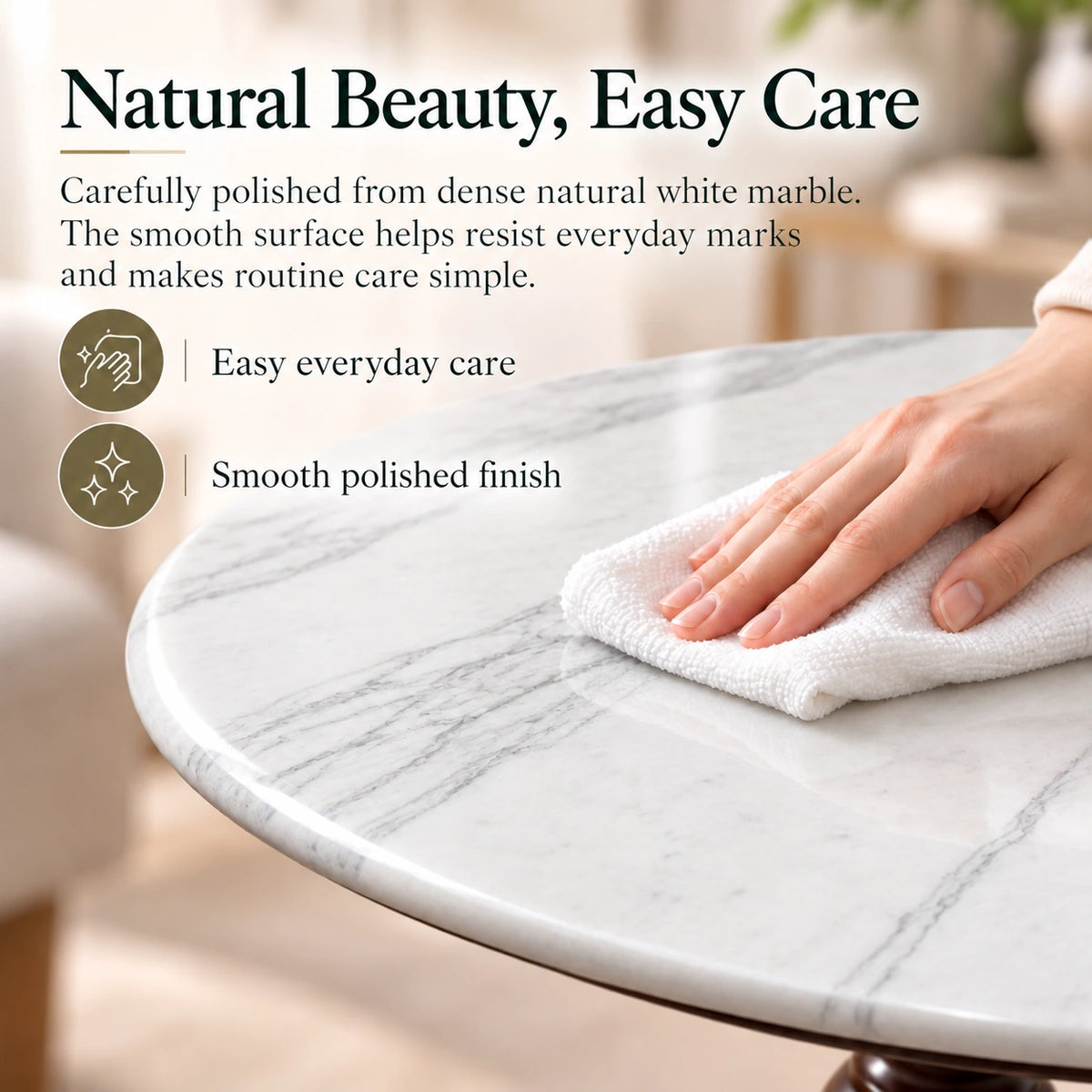 White Natural Marble & Solid Oak Round Side Table Marmor