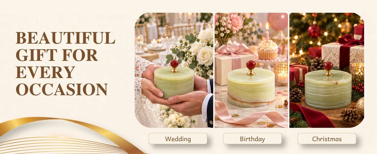 Green marble jewelry box with a red lid knob presented in wedding, birthday and Christmas gift settings.