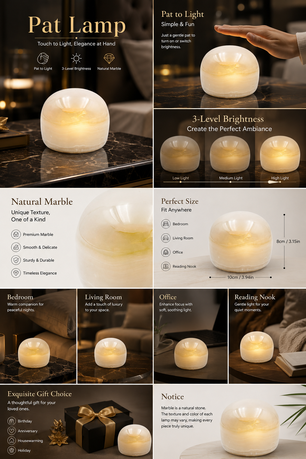 Ice White Jade Marble Cordless Touch Lamp Marmor