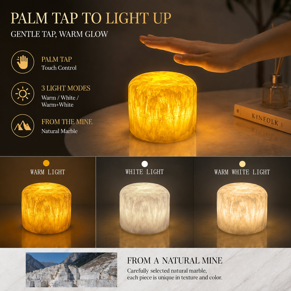 Natural golden jade marble touch lamp for home decor