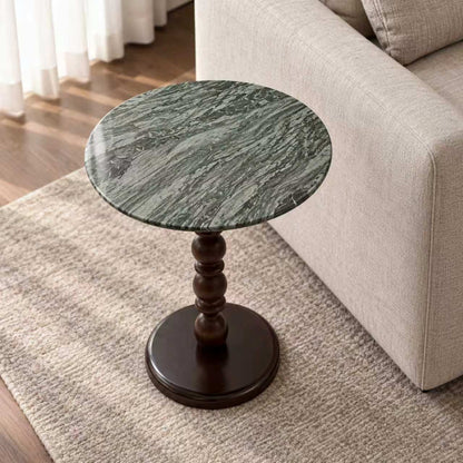Green Natural Marble & Solid Oak Round Side Table Marmor