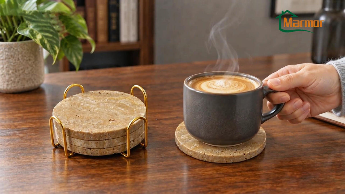 Load video: Marmor beige travertine coasters with textured stone surfaces and a gold-tone holder. The video shows close-up details, use with drinkware and cookware, rinsing under running water, and storage in the holder.