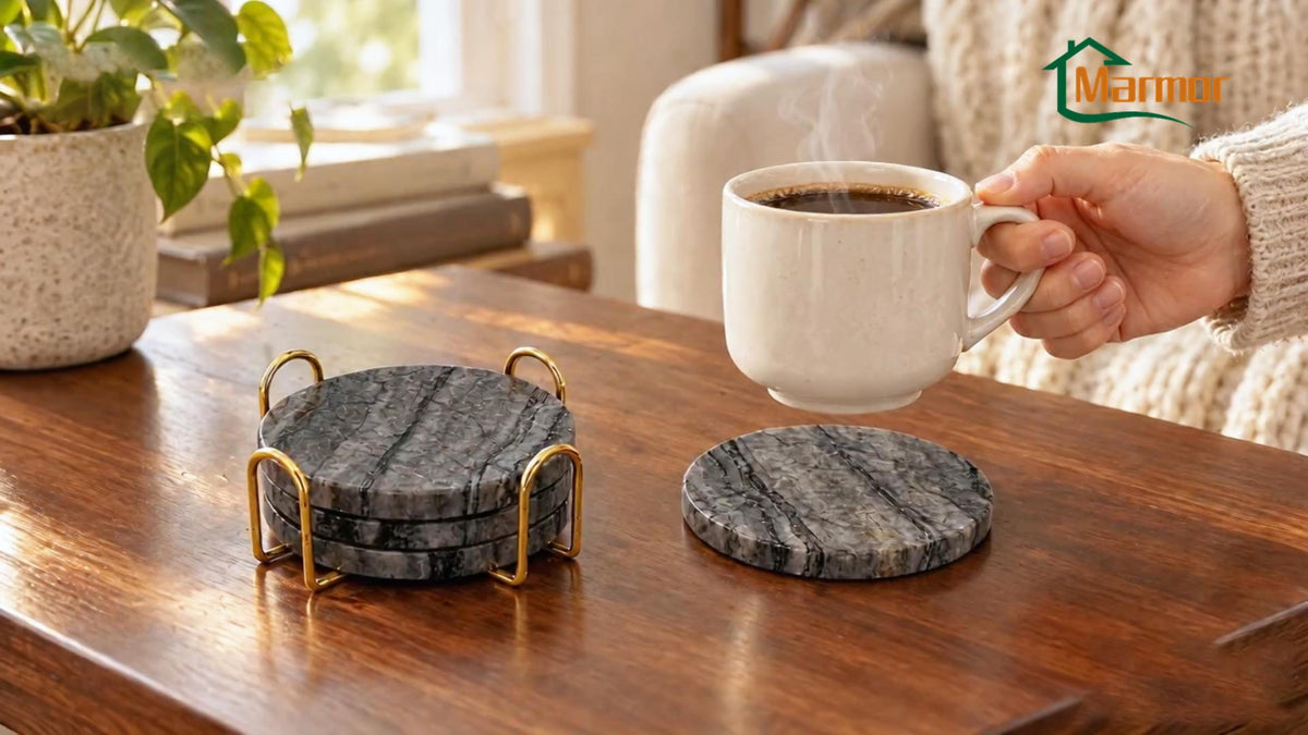 Load video: Marmor round Gumu stone coasters with contrasting light and dark patterns, brown backing, and a gold-tone holder. Close-ups show both sides, followed by drinkware and cookware placement, rinsing, and storage.