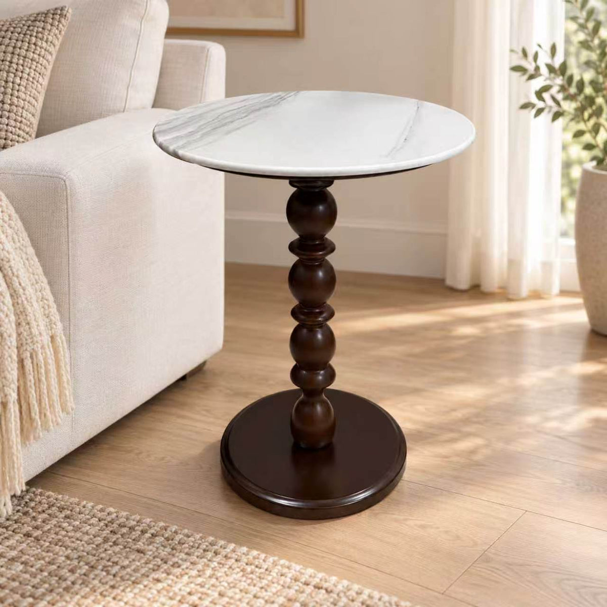 White Natural Marble & Solid Oak Round Side Table Marmor