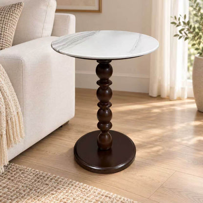 White Natural Marble & Solid Oak Round Side Table Marmor