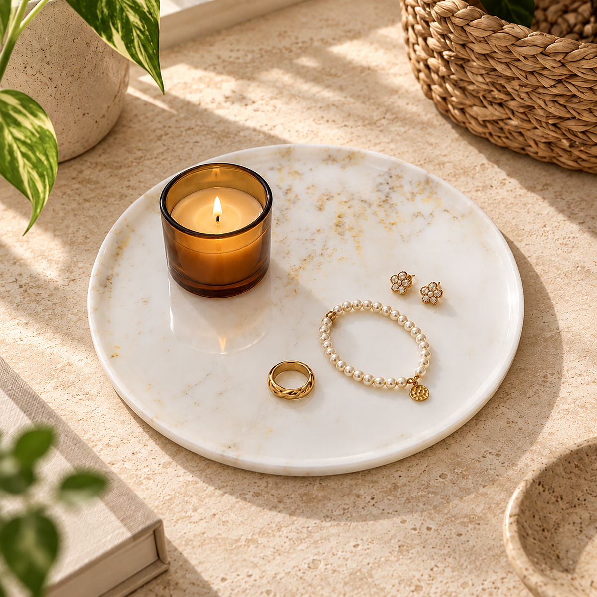 Marmor Calacatta Gold Marble Round Vanity Tray 28cm – Natural Stone Bathroom Decor Marmor