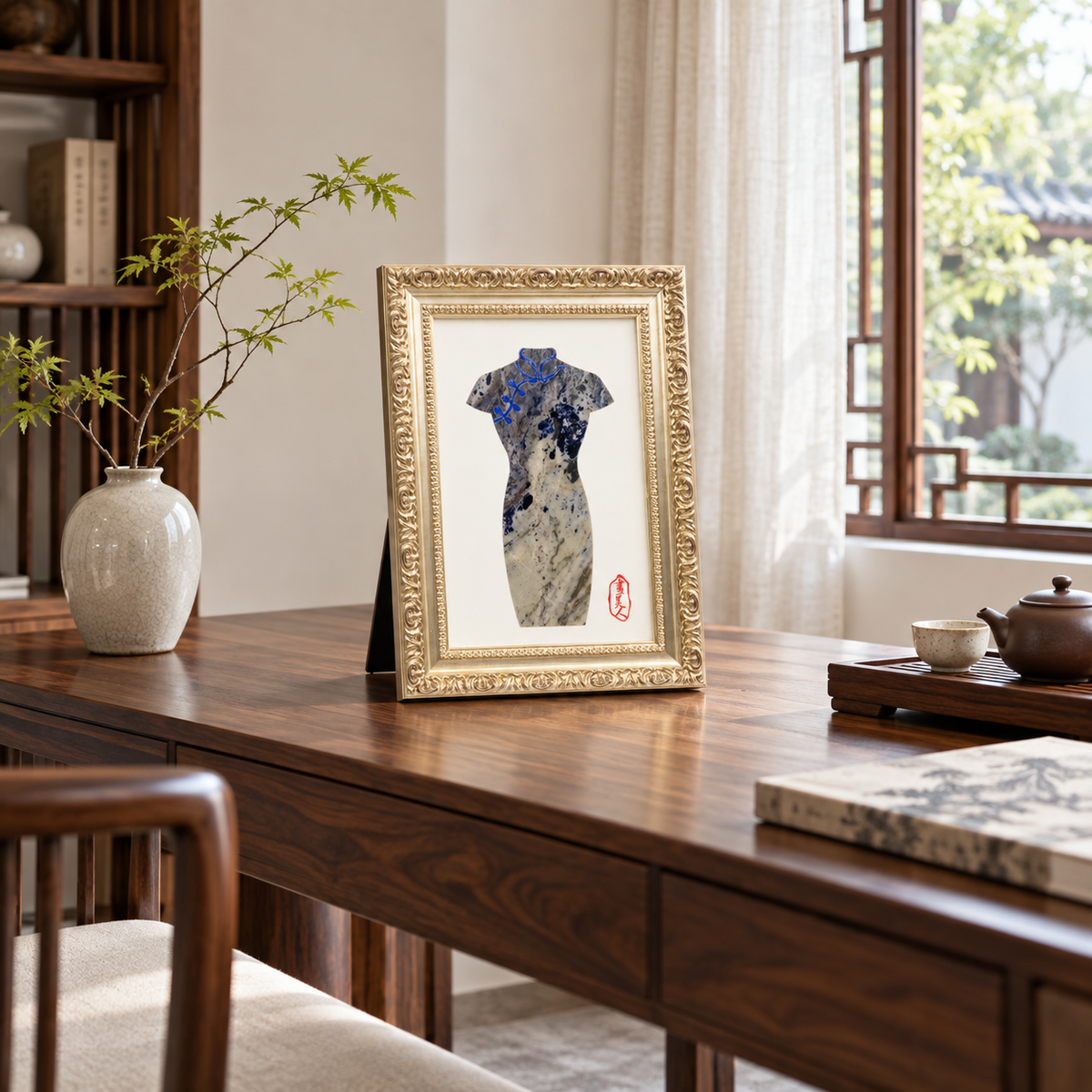 Qipao Cheongsam Natural Marble Mosaic Art Frame | Custom Stone Wall Art Marmor