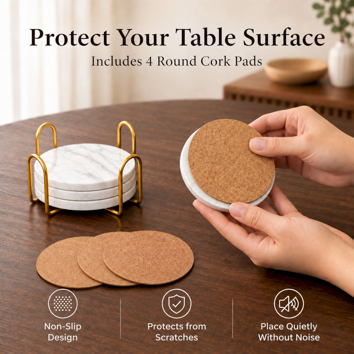 Jazz White Marble Coasters Set of 4 | Natural Stone Drink Coasters with Holder Marmor