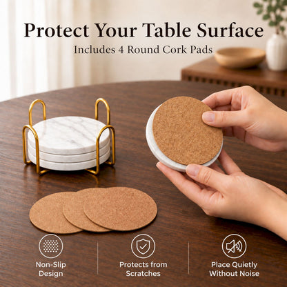 Jazz White Marble Coasters Set of 4 | Natural Stone Drink Coasters with Holder Marmor