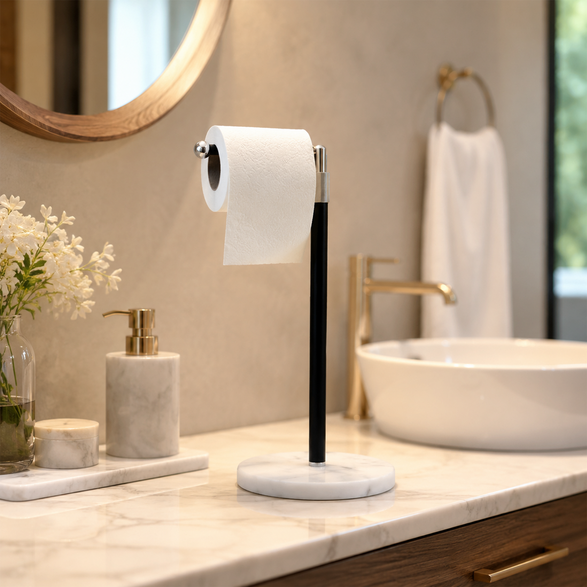 Natural Marble Freestanding Paper Towel Holder White Base with Black Pole Marmor