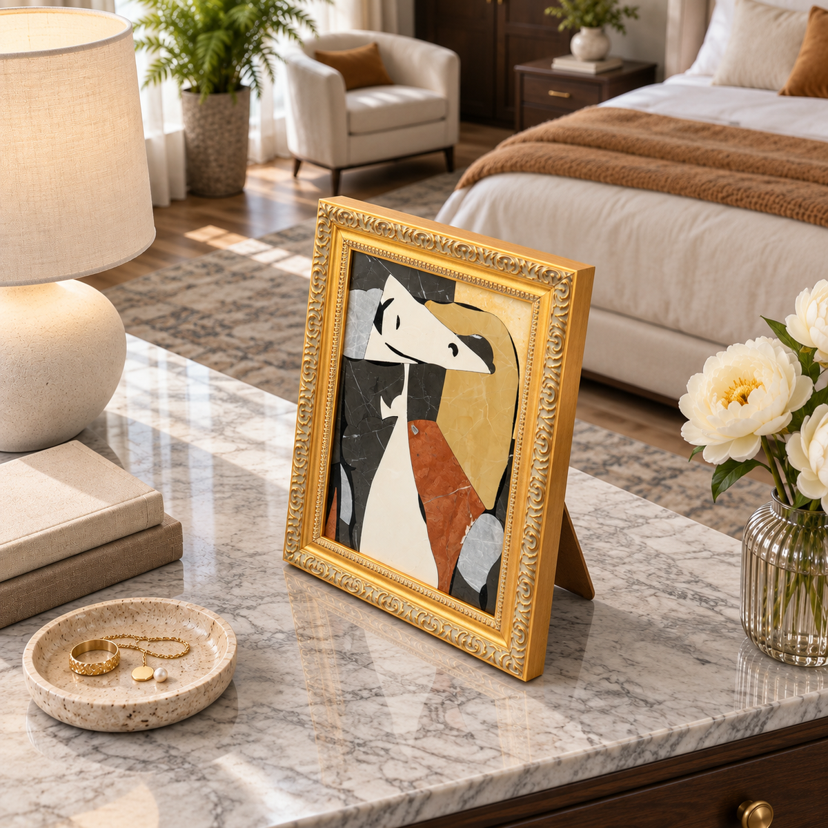 Picasso Abstract Dog Natural Marble Mosaic Art Frame | Custom Stone Wall Art Marmor