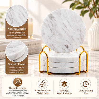 Jazz White Marble Coasters Set of 4 | Natural Stone Drink Coasters with Holder Marmor